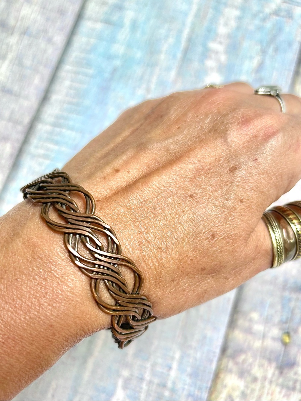 Handwoven copper Twist boho bangle Bracelet w Gypsy hippy enchanting vibe